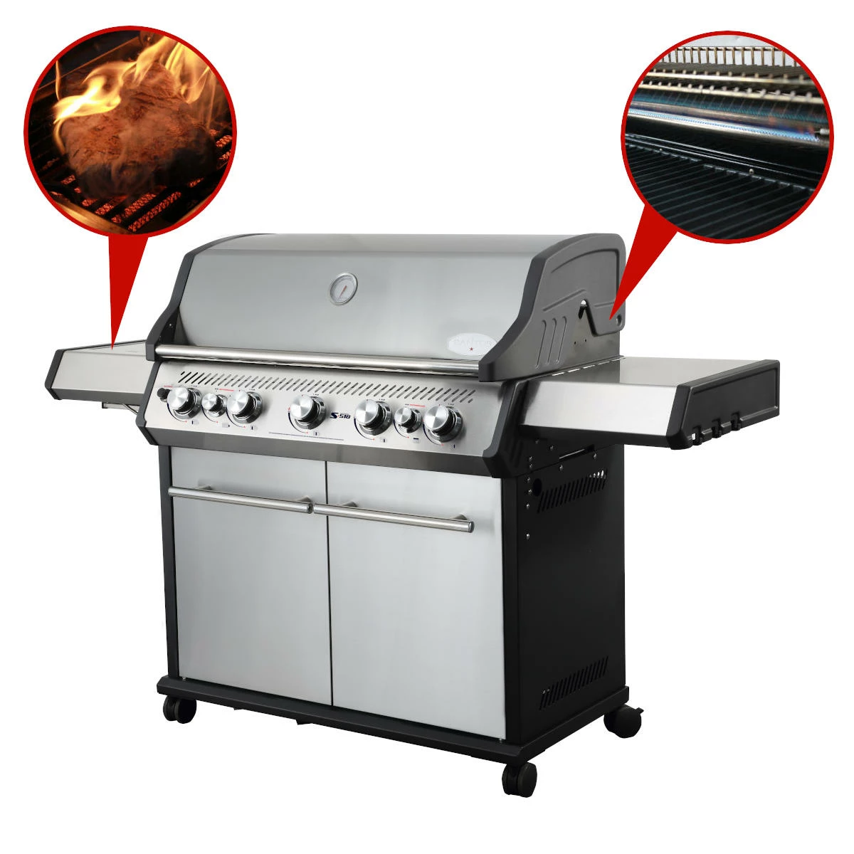 SANTOS S-518 Mit Seiten- & Heckbrenner, Edelstahl Inkl. Drehspieß, Rostheber & Silikonablage & Graviertes ZWILLING Pro Messer 8 SANTOS S-518 Mit Seiten- & Heckbrenner, Edelstahl Inkl. Drehspieß, Rostheber & Silikonablage & Graviertes ZWILLING Pro Messer – Bild 6