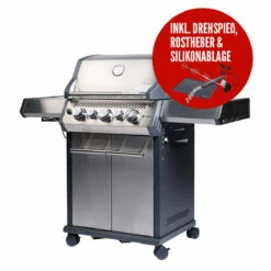 SANTOS Gasgrill S-318 | Seiten- & Heckbrenner, Edelstahl Inkl. Drehspieß, Rostheber & Silikonablage -Napoleon Verkaufs-Shop santos gasgrill s 318 seiten heckbrenner edelstahl inkl drehspie rostheber silikonablage 8b78163cab33ed62122671765ca6ccda